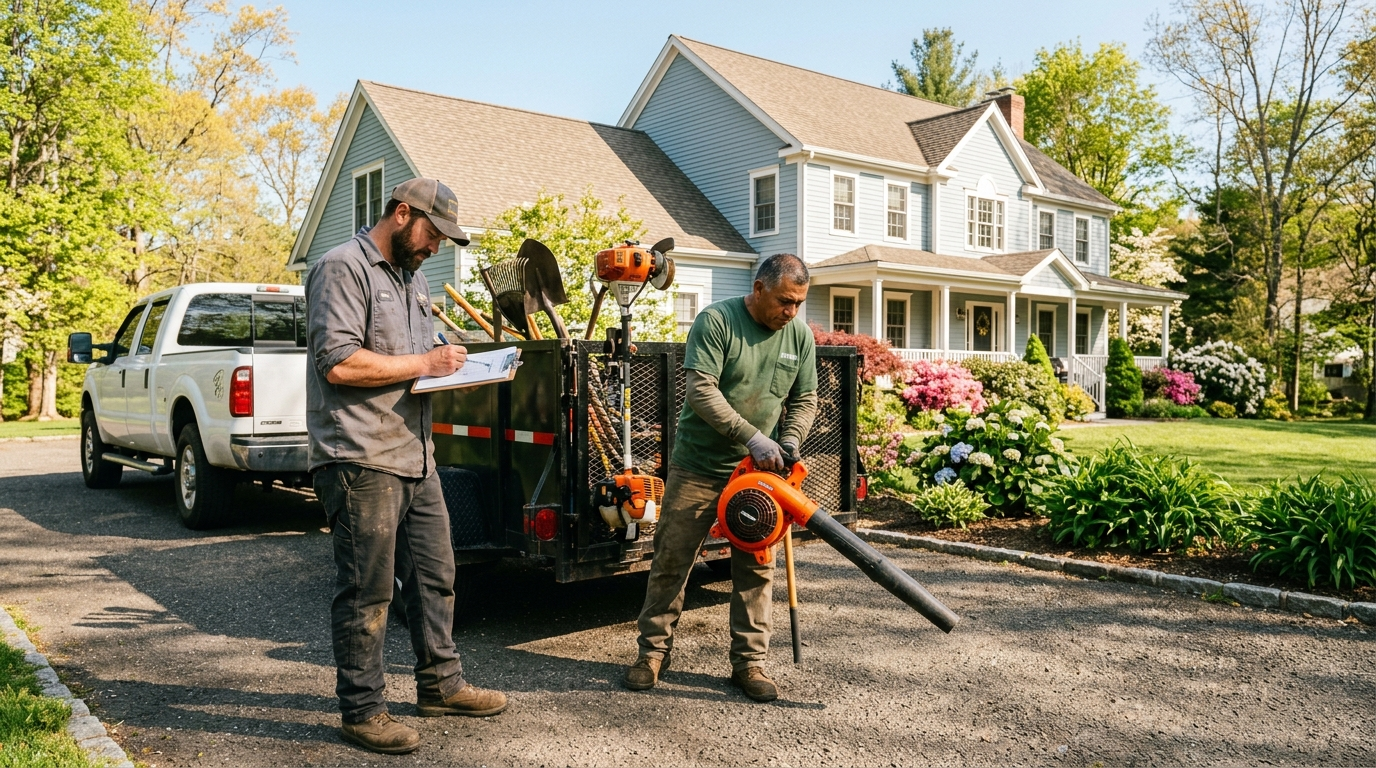 Landscaping crew member operating a commercial mower on a residential lawn in Connecticut on a sunny day