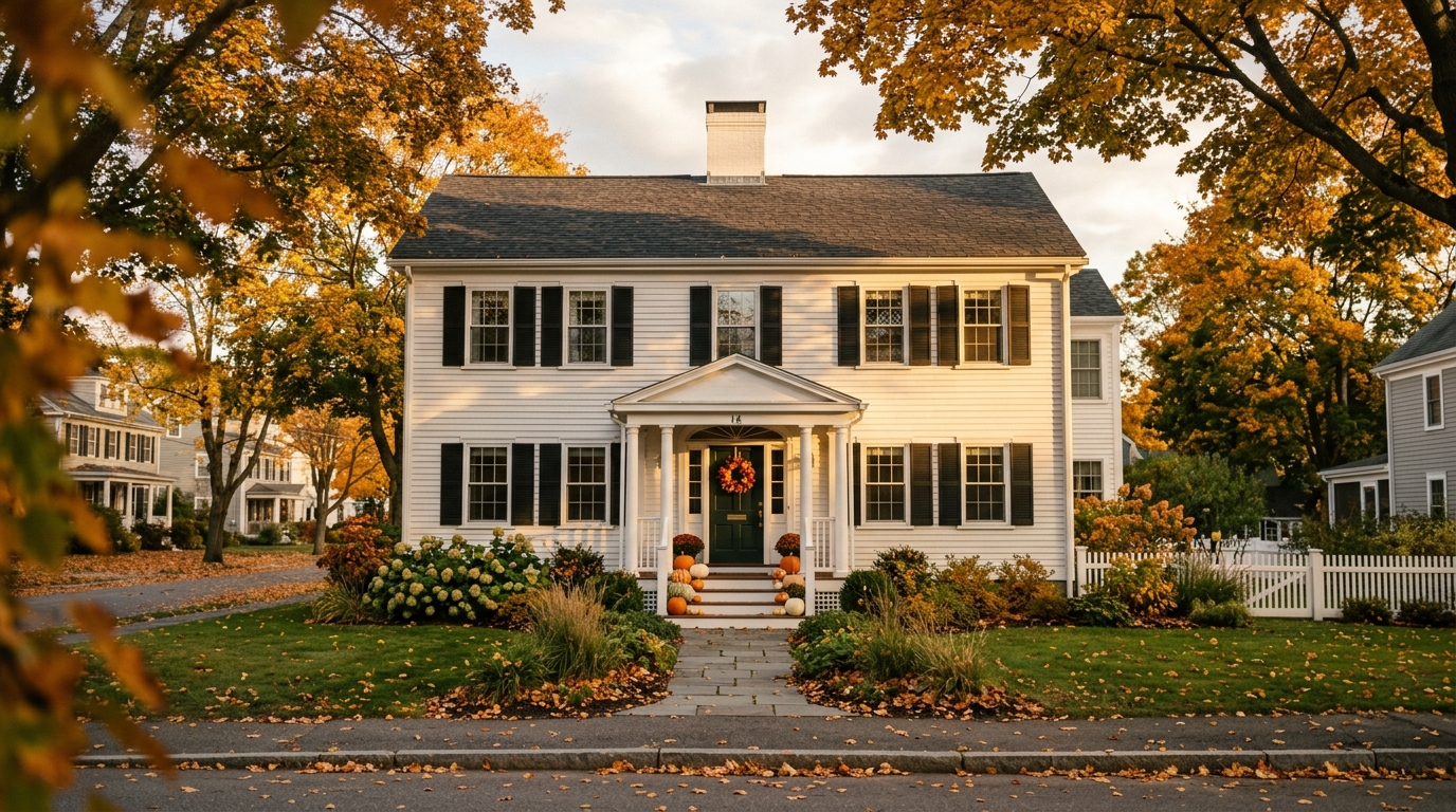 New England colonial home with autumn foliage at golden hour from the curb