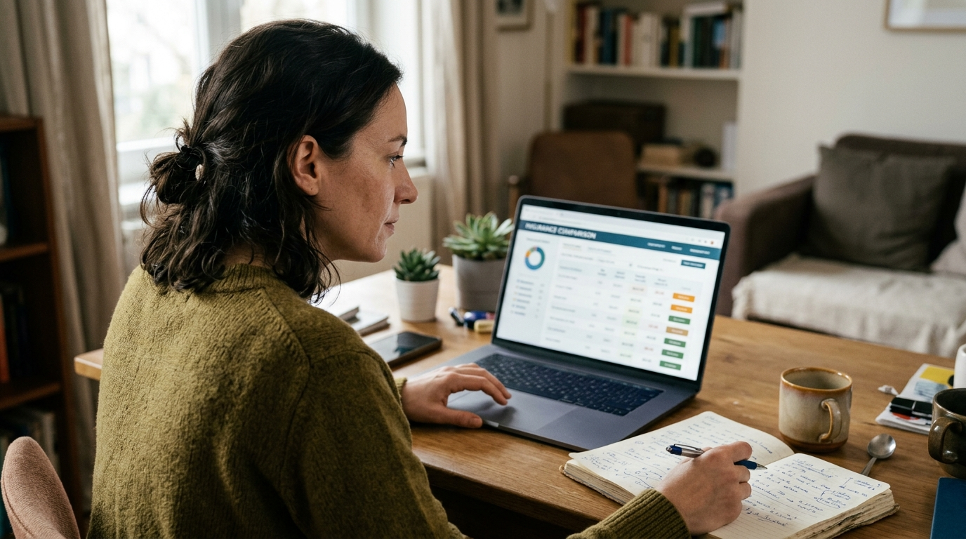 Person at home desk reviewing health plan options on a laptop with a notebook and coffee