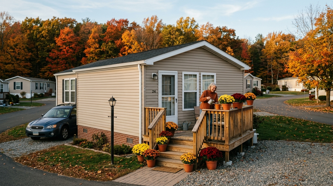 A well-maintained double-wide manufactured home with a small front porch on a quiet Connecticut residential lot