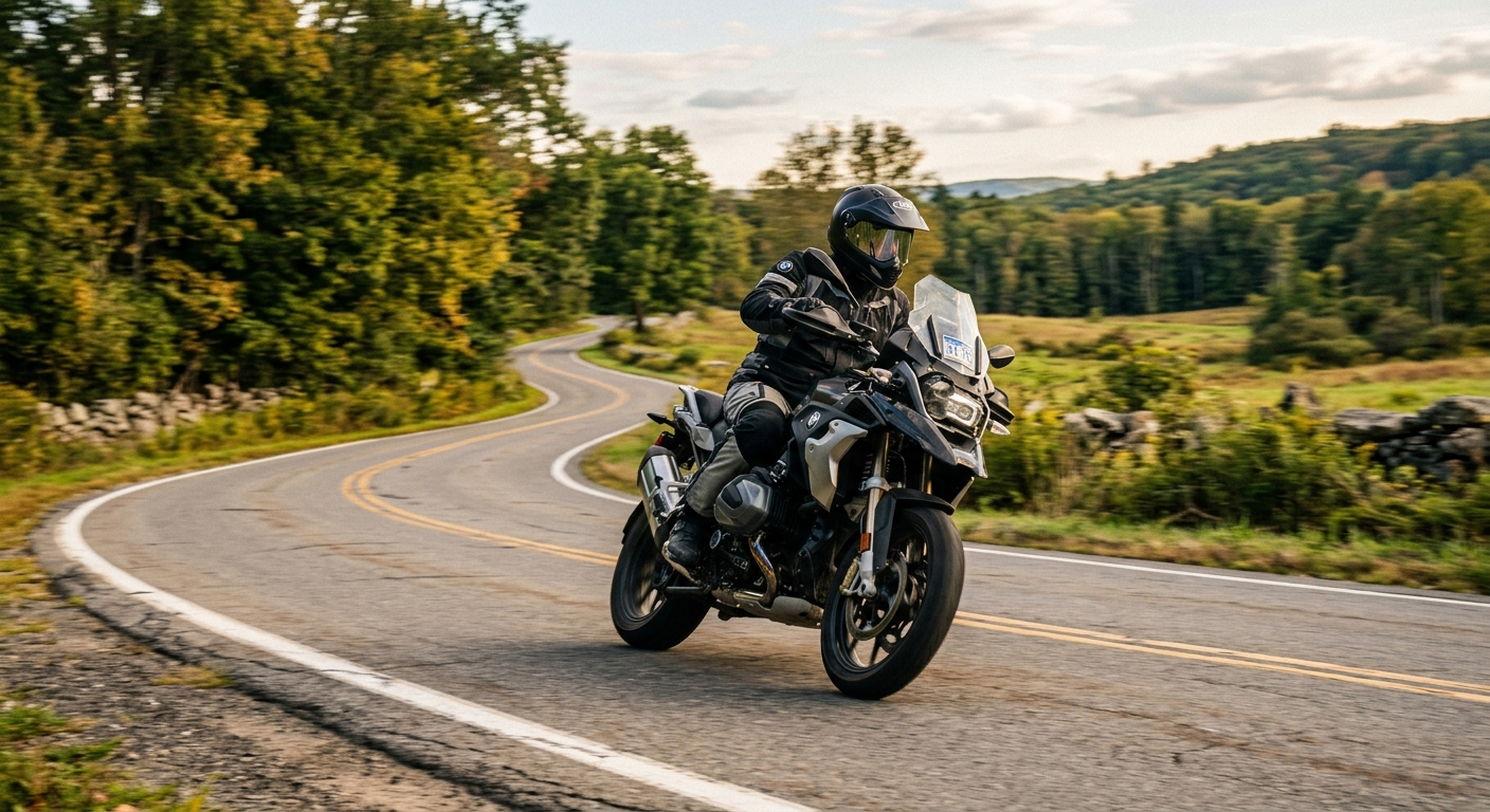 Motorcyclist riding on a scenic Connecticut road through autumn foliage near a small New England town