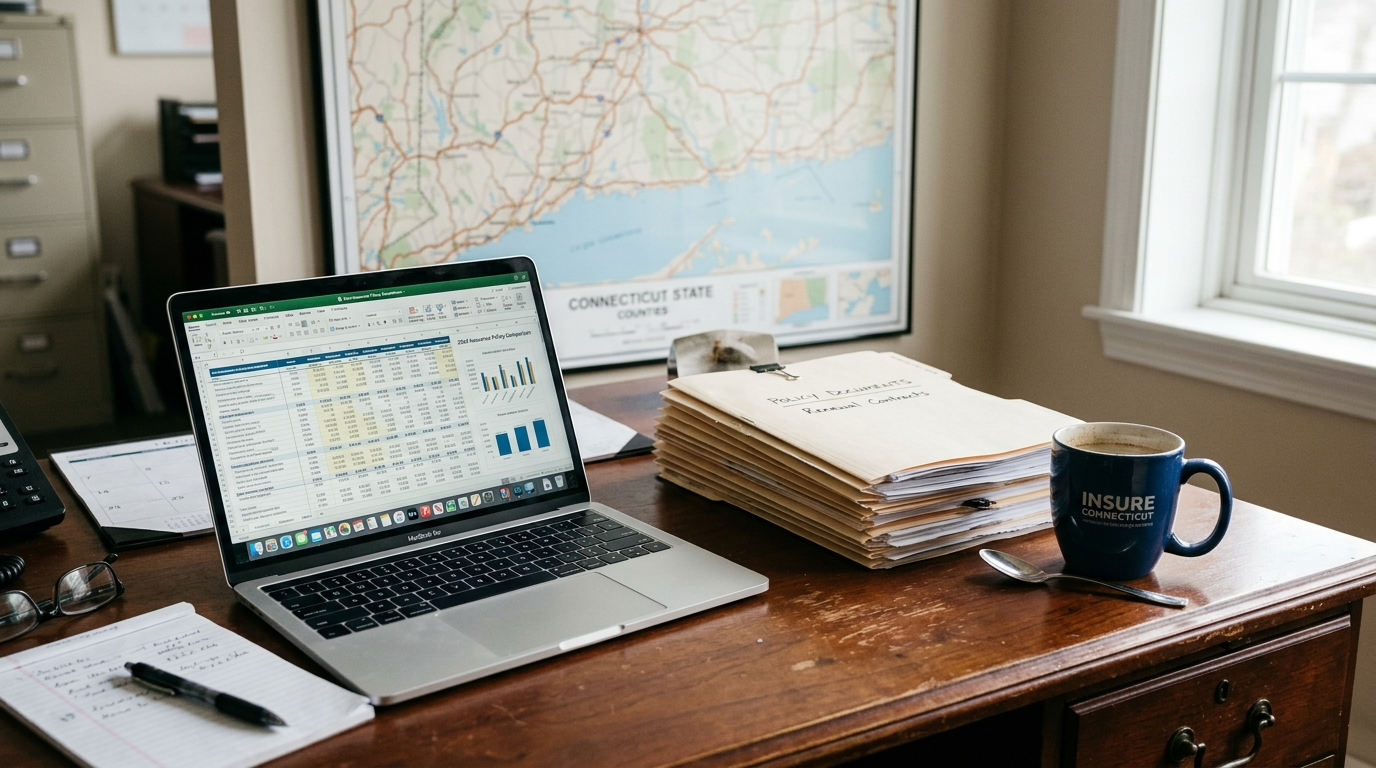 Insurance broker's desk with laptop, Connecticut map, and policy documents in soft window light