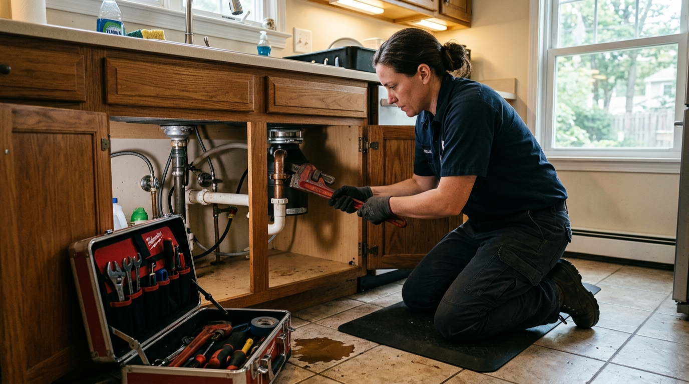 Licensed plumber working on copper pipes under a kitchen sink in a Connecticut home