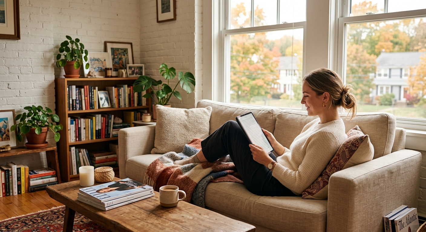 Cozy rented apartment living room in a Connecticut suburban home with winter light through the windows