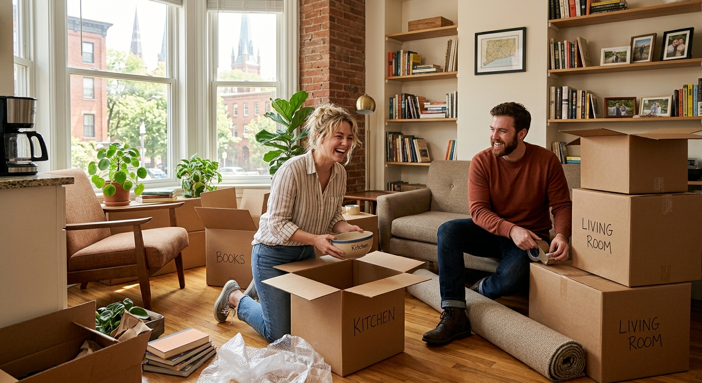 Renter unpacking boxes in a Connecticut apartment living room with city view through window