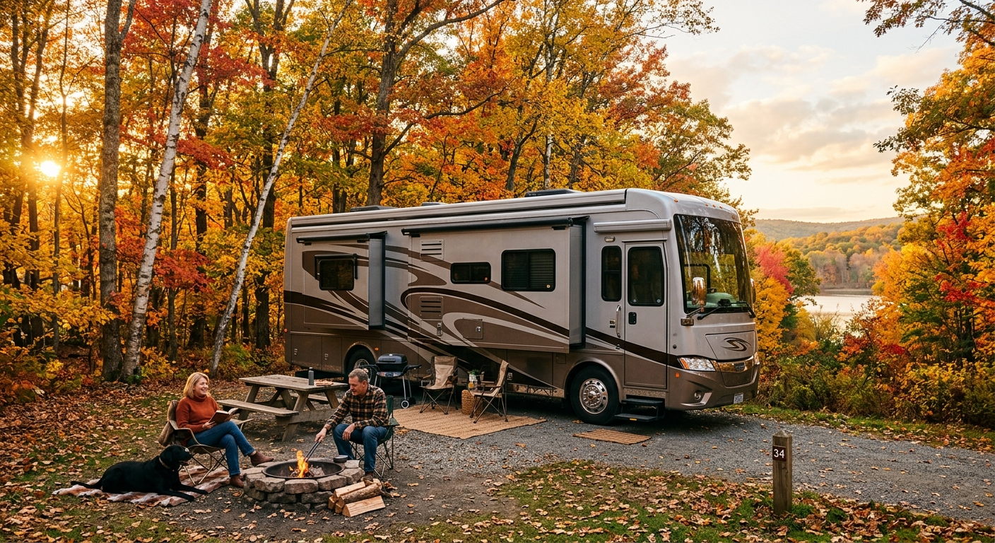 A large Class A motorhome parked at a scenic Connecticut campground surrounded by autumn foliage