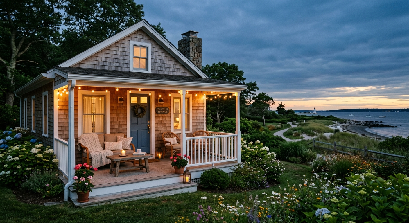 Cozy Connecticut coastal cottage with a welcome sign on the porch, set up as a short-term rental for guests