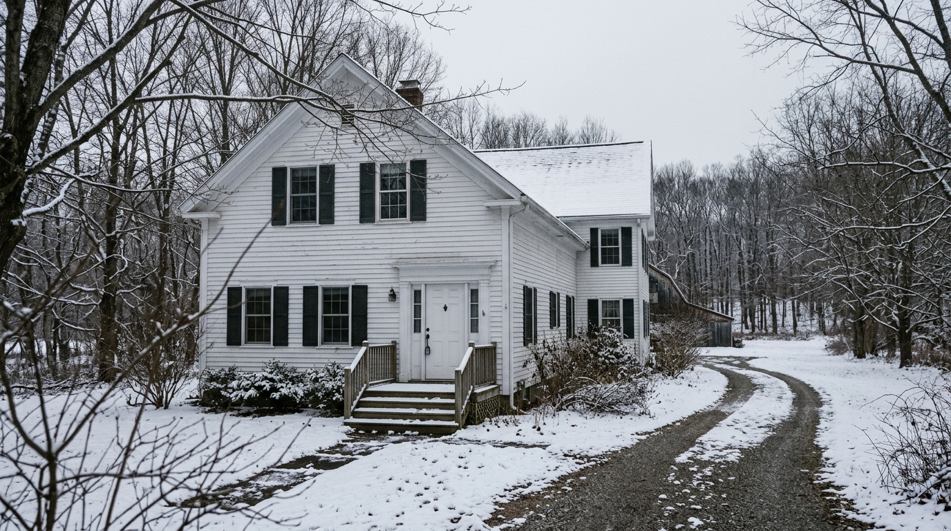Empty two-story Connecticut colonial home with a bare front yard in winter, no signs of occupancy