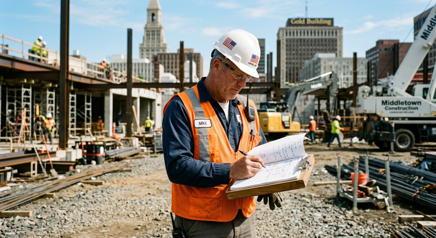 Small business owner reviewing workers compensation insurance paperwork at a desk in a Connecticut office