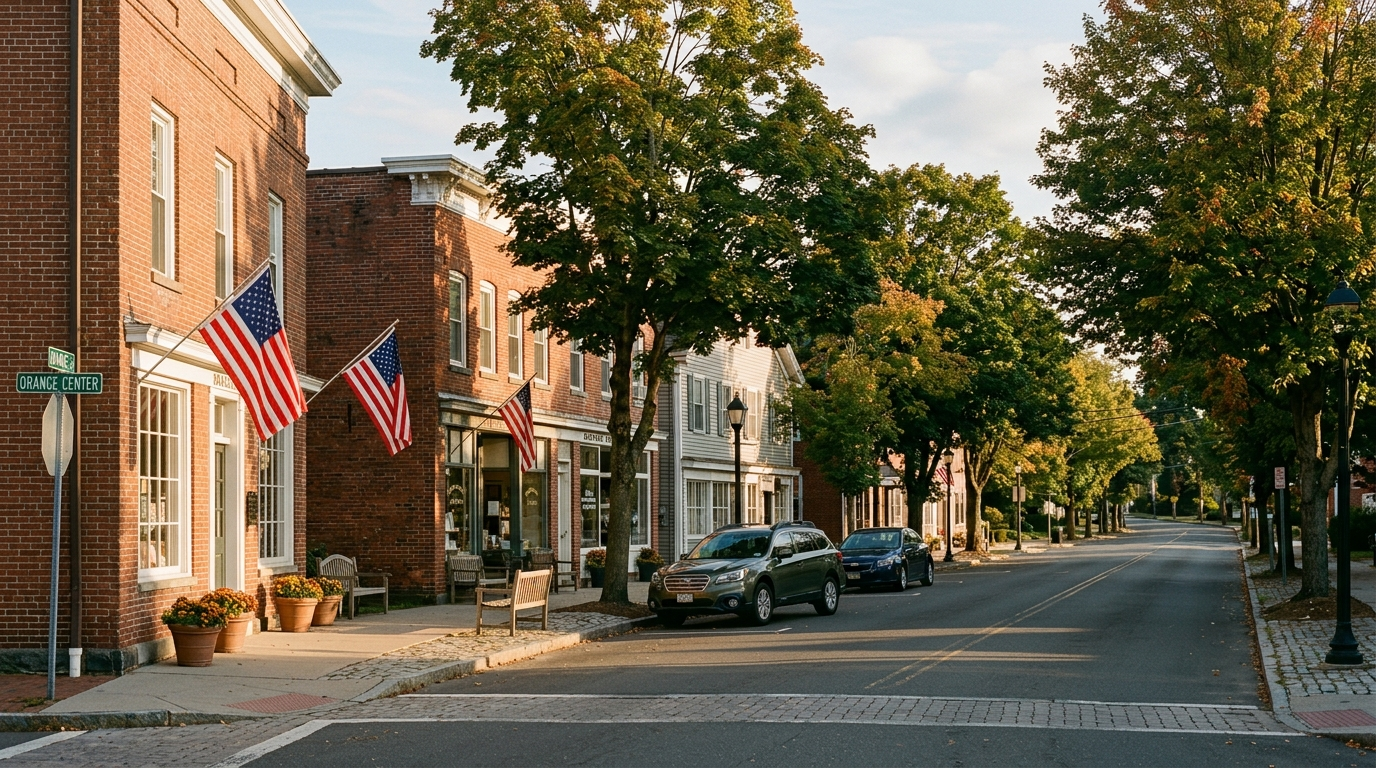 Quiet New England main street with storefronts and tree-lined sidewalks in late afternoon light