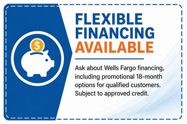 Wells Fargo ad with piggy bank icon and text: “Flexible financing available” and 0% interest for 18 months.