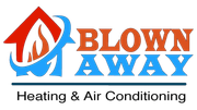Blown Away Heating & Air Conditioning logo with orange and blue house-flame icon and text