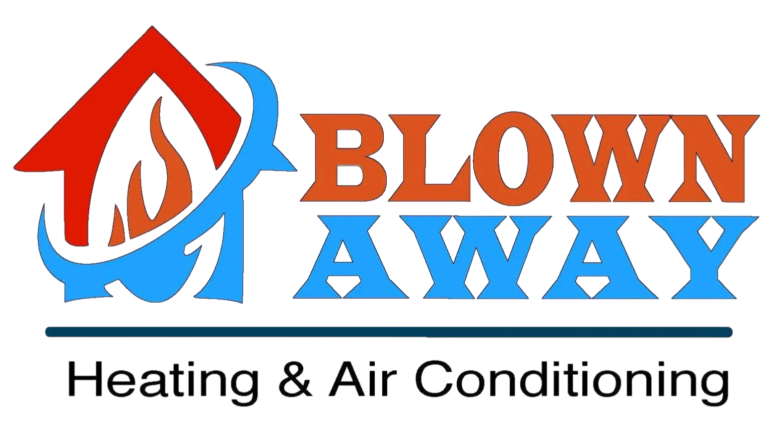 Blown Away Heating & Air Conditioning logo with orange and blue house-flame icon and text