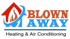 Blown Away Heating & Air Conditioning logo with orange and blue house-flame icon and text