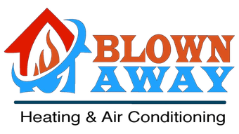 Blown Away Heating & Air Conditioning logo with orange and blue house-flame icon and text