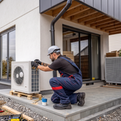 Technician installing an outdoor AC unit on a patio beside a modern house.