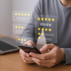 Person holding a smartphone with floating star review ratings and “REVIEW” icons above a desk