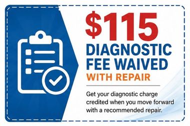 $115 diagnostic fee waived with repair; blue clipboard icon and bold red-blue promotional text