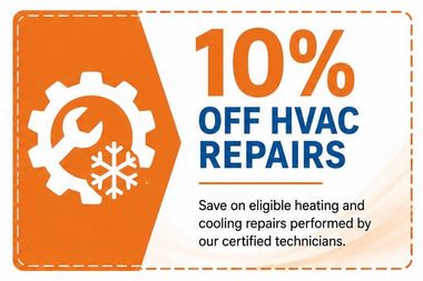 Orange and white HVAC repair ad offering 10% off heating and cooling repairs by certified technicians