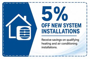 Blue and white promo sign: 5% off new system installations for heating and air conditioning.