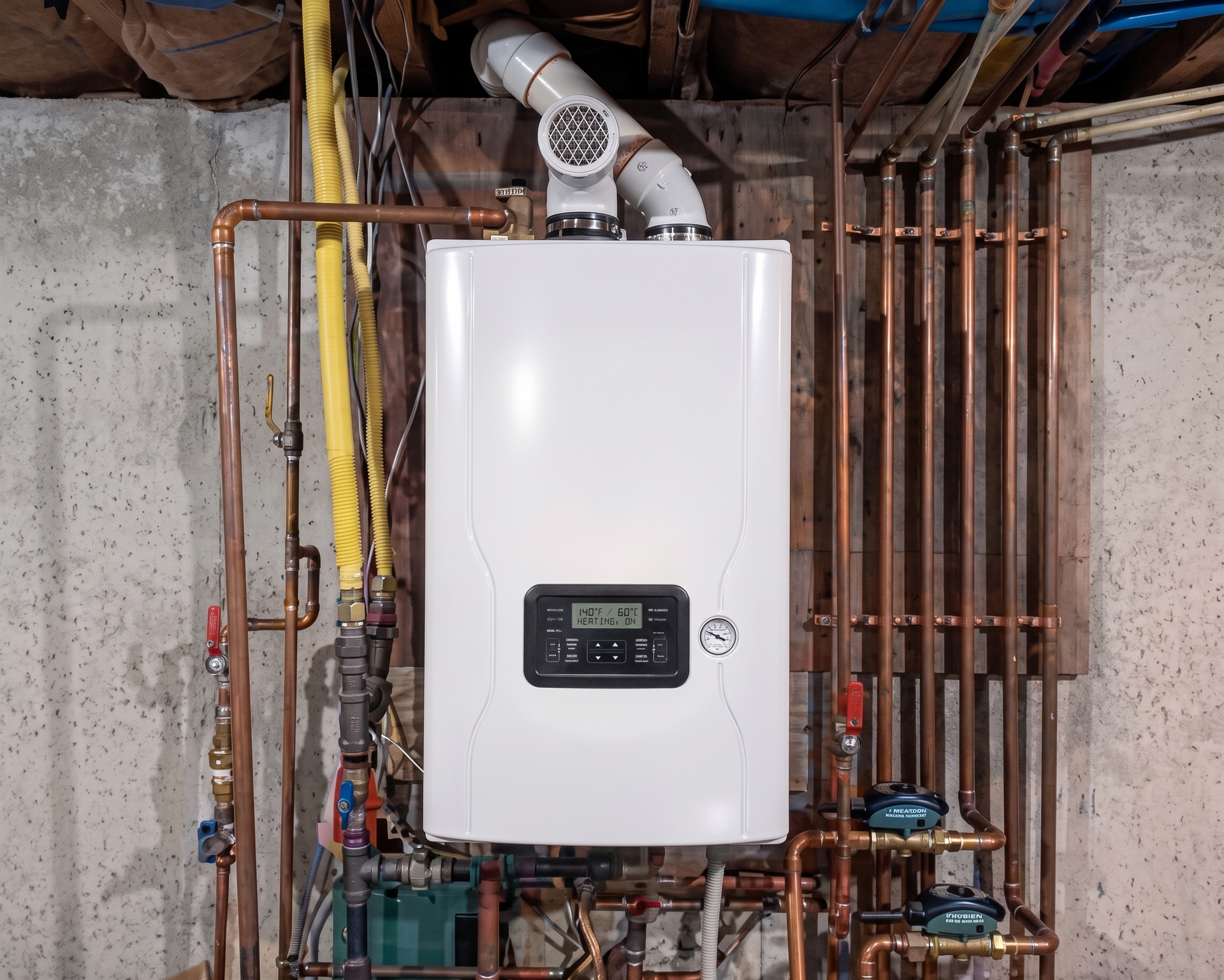 White wall-mounted boiler with vent pipes and exposed plumbing in a basement utility room