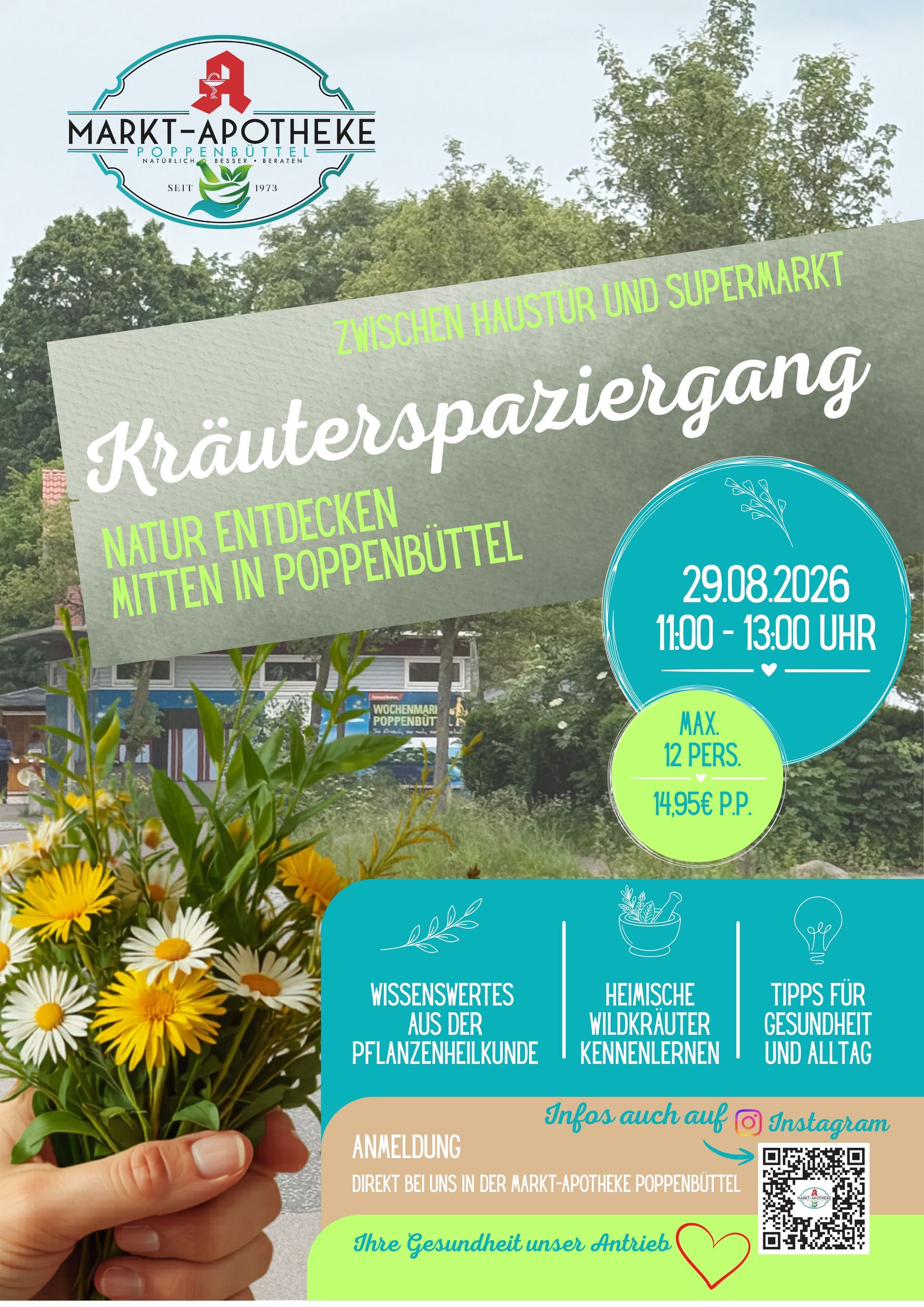 Kräuterspaziergang-Plakat mit Blumen, grünem Schild sowie Angaben zu Datum, Uhrzeit und Ort.