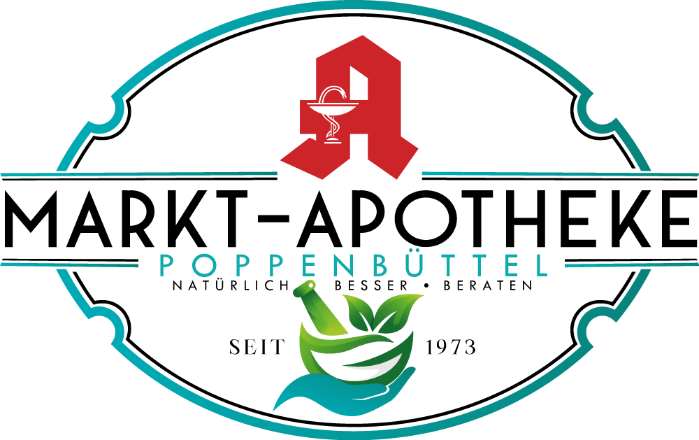 Logo for Markt-Apotheke Poppenbüttel: pharmacy symbol above name, turquoise frame, mortar and pestle.