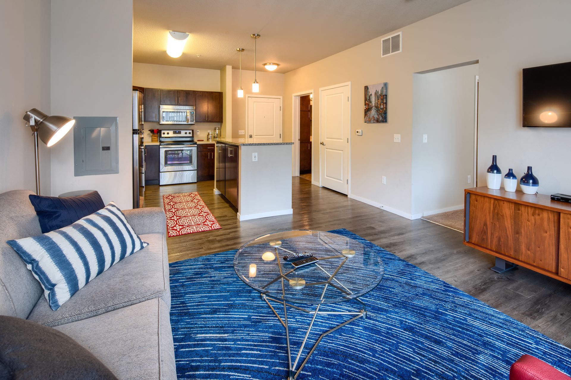 Living room with couch, TV, and open kitchen; blue rug, wooden cabinet, and neutral walls.