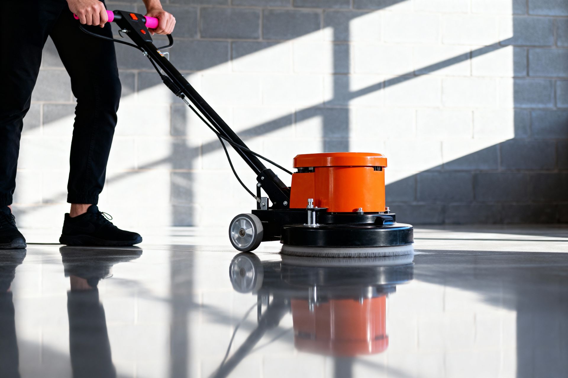 Person polishing a shiny floor with an orange floor buffer in a bright room