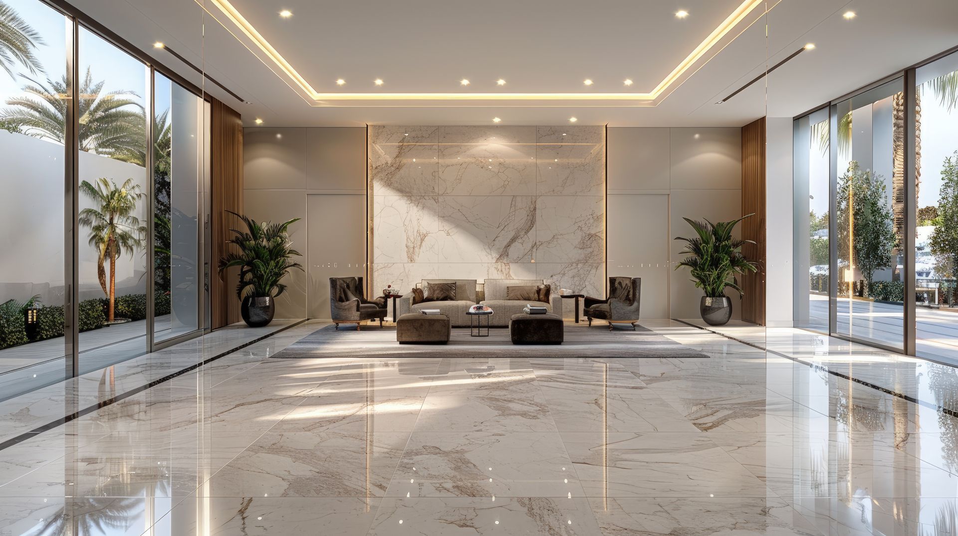 Modern luxury living room with marble floors, neutral sofas, and floor-to-ceiling windows overlooking greenery