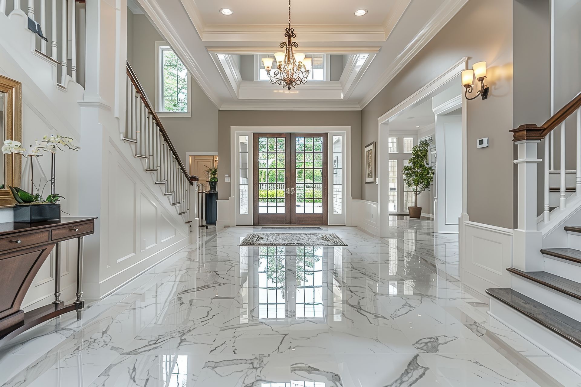 Grand foyer with marble floors, staircase, chandelier, and double glass front doors