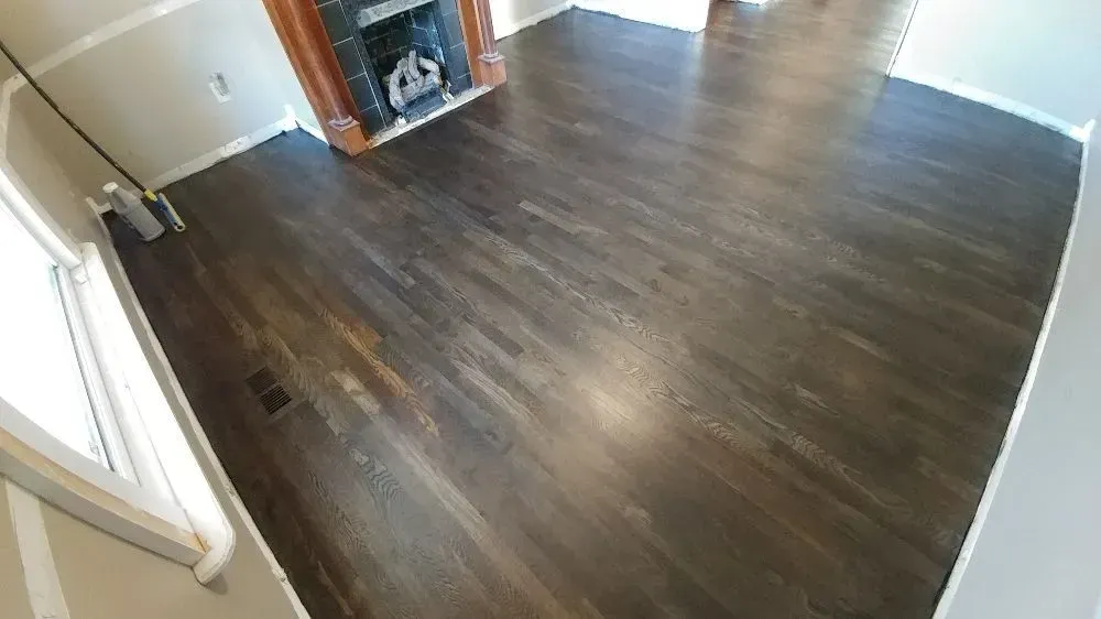 Empty room with dark wood floors, white walls, and a small fireplace in the corner