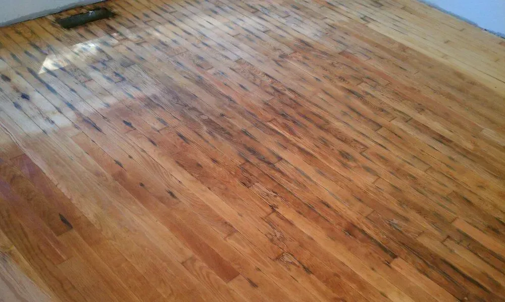 Empty hardwood floor with a glossy finish and visible light reflections