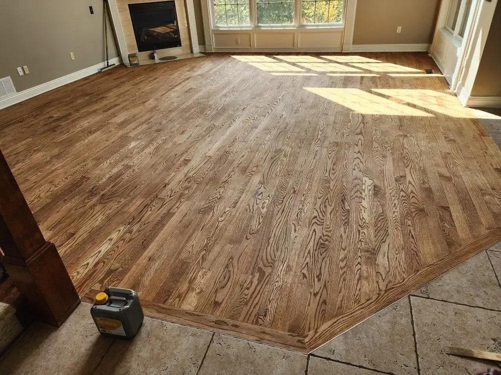 Empty living room with new wood flooring and tiled entryway, sunlit from large windows.