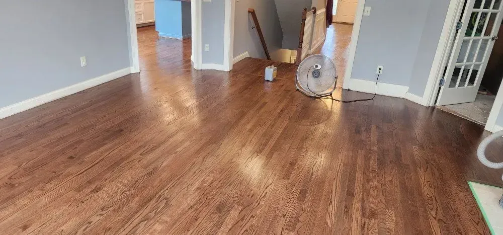 Empty living room with hardwood floors, a fan, and cleaning tools near an open doorway.