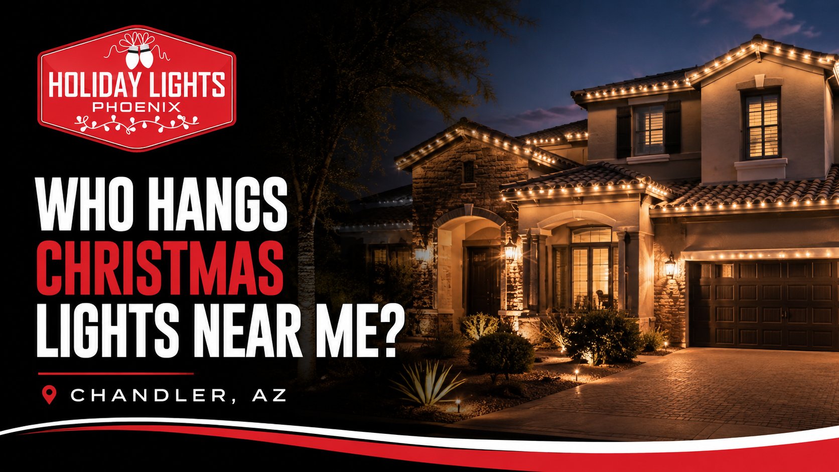 Suburban house decorated with warm white Christmas lights at night, with a red car in the driveway.