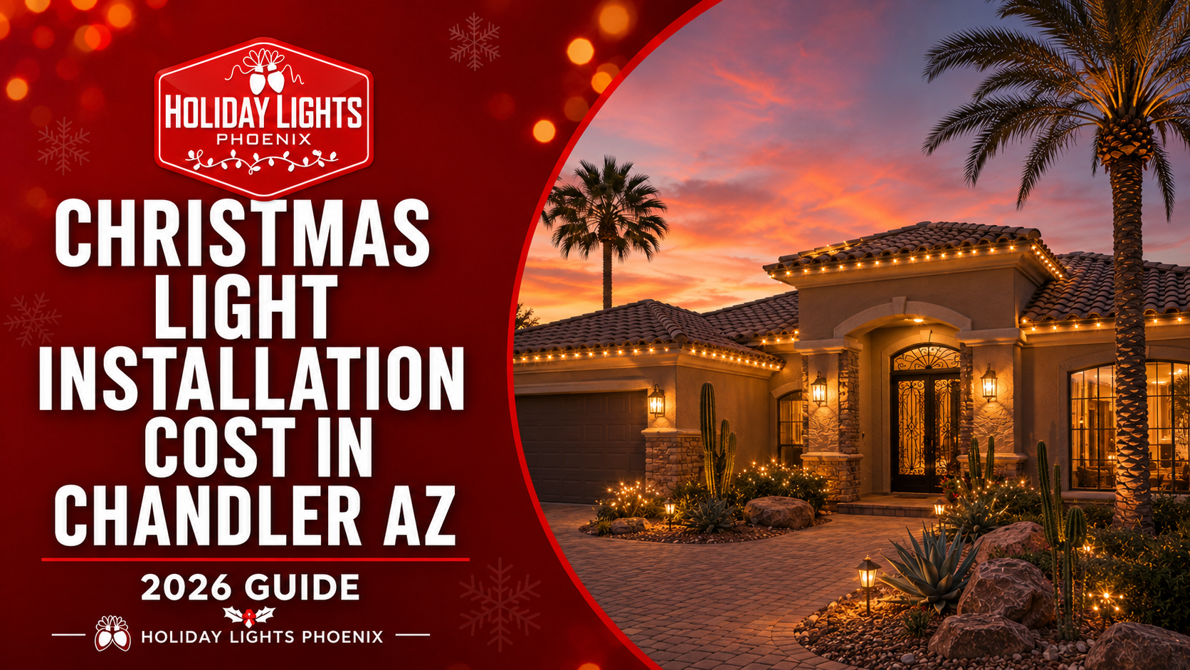 Holiday lights Christmas installation cost guide for Chandler, AZ, over a lit house at dusk