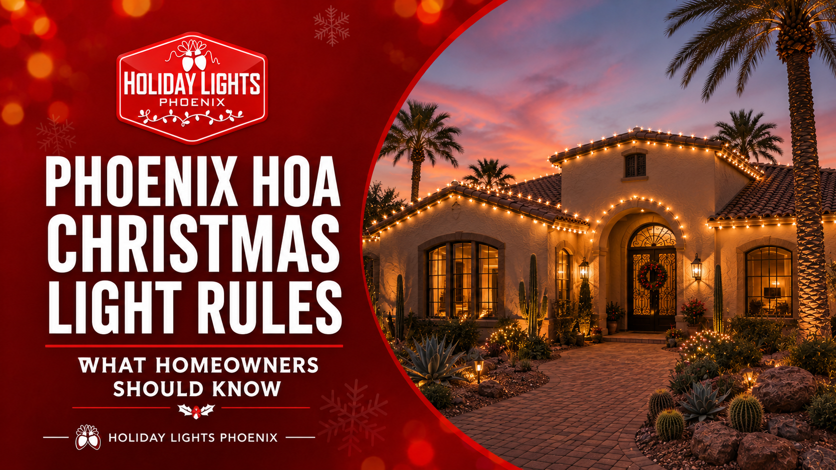 Phoenix HOA Christmas light rules flyer with a lit home at sunset and palm trees