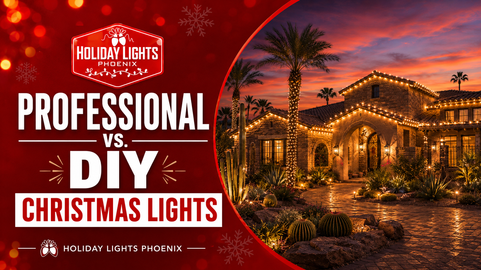 Professional vs DIY Christmas lights graphic beside a warmly lit house at sunset.