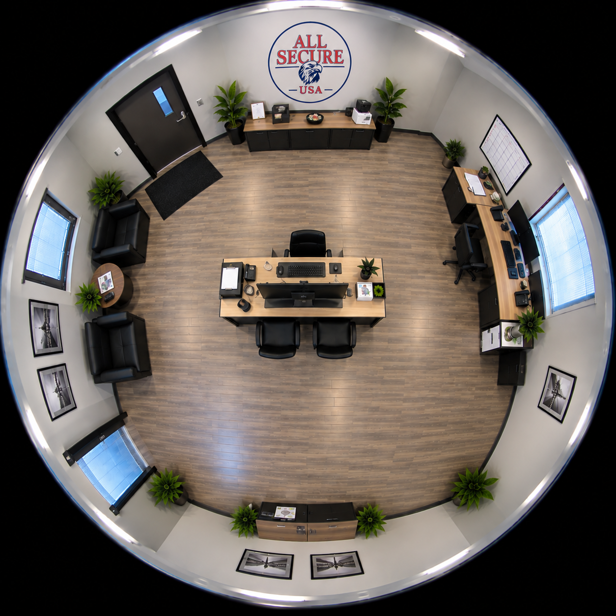 Overhead view of a circular office with wooden floors, desks, chairs, potted plants, and wall decor.