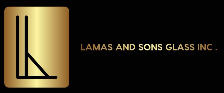 Gold-and-black Lamas and Sons Glass Inc. logo with stylized initials on a black background