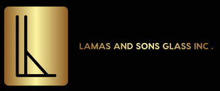 Gold-and-black Lamas and Sons Glass Inc. logo with stylized initials on a black background