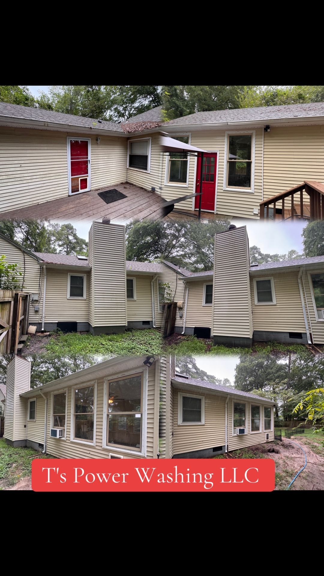 Three views of a tan house after power washing; red doors, trees in the background.