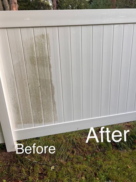 A before and after picture of a white vinyl fence.