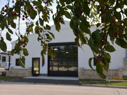 A white building with a large black glass garage door and a side entry, viewed through leafy tree branches with red fruit.
