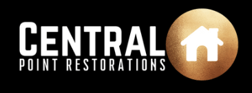 Logo for Central Point Restorations with white bold text next to a golden circle containing a white house icon.