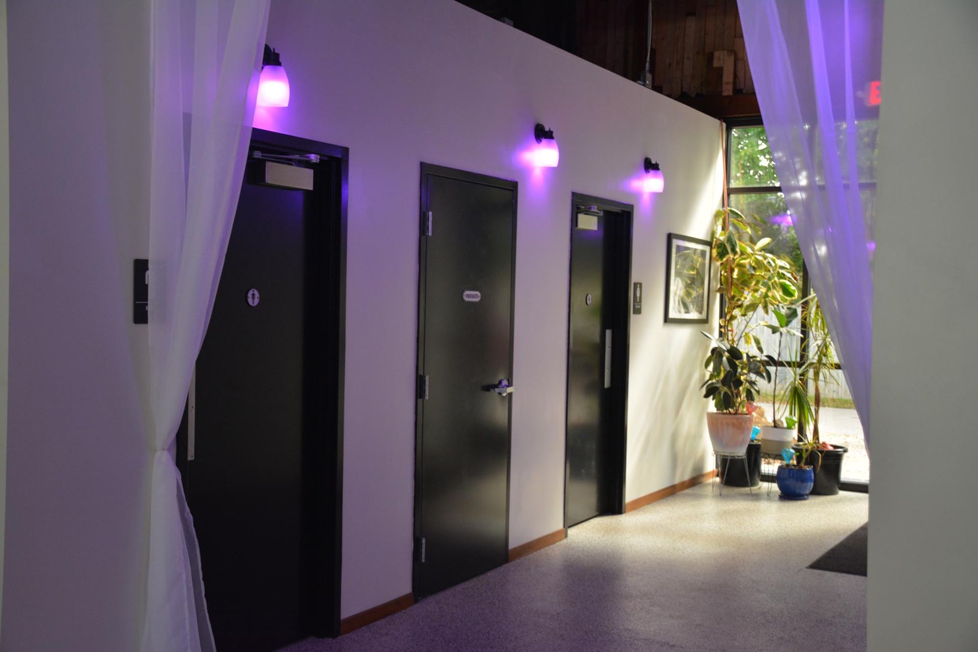 A hallway with three black doors, each with a small purple wall light above it, next to a window with potted plants.