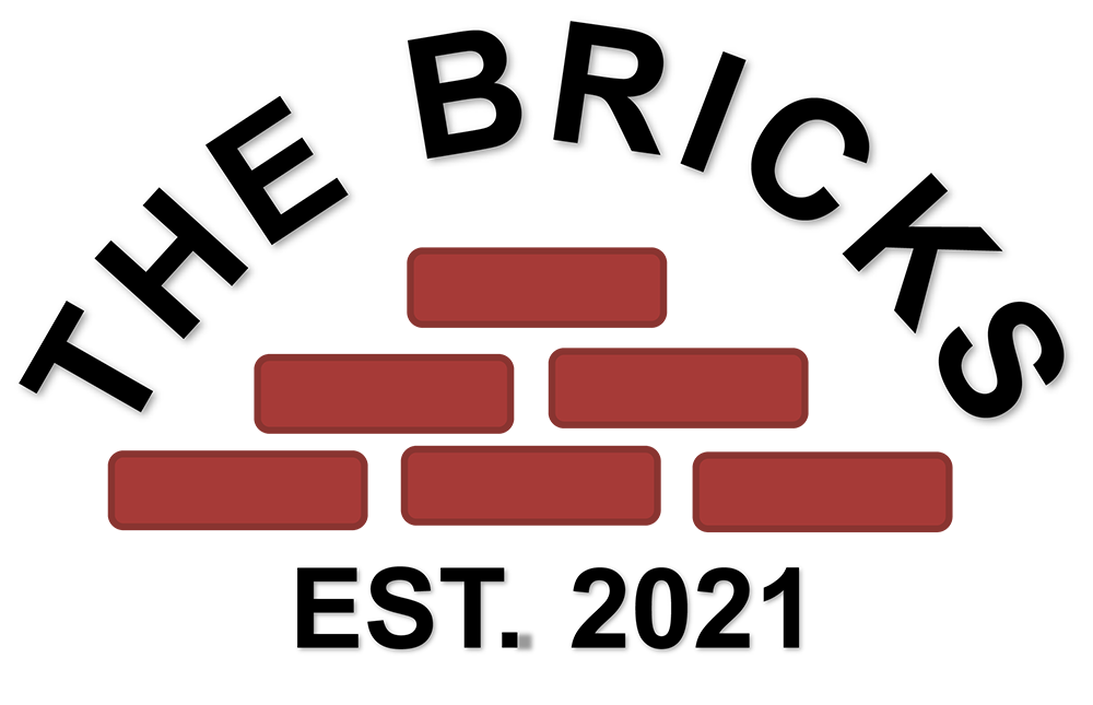 Logo featuring the text "THE BRICKS" arched over a pyramid of red bricks, with "EST. 2021" printed below on white background.