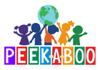Five children reaching for a globe; the word "PEEKABOO" in colorful blocks.