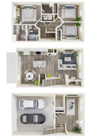A 3d floor plan of a house with a car in the garage.